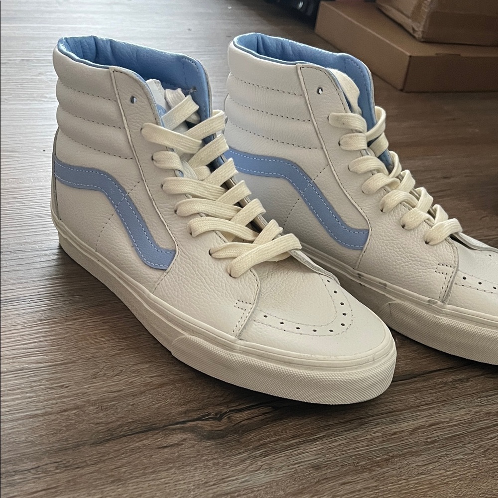 Vans Men's Cream and Light Blue High-Top Sneakers